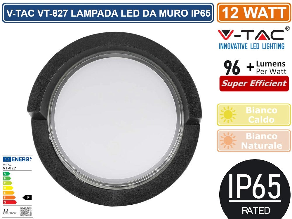V-TAC VT-827 LAMPADA LED DA MURO 12W WALL LIGHT IP65 APPLIQUE ROTONDA COLORE NERO - Colore Luce:Bianco Naturale