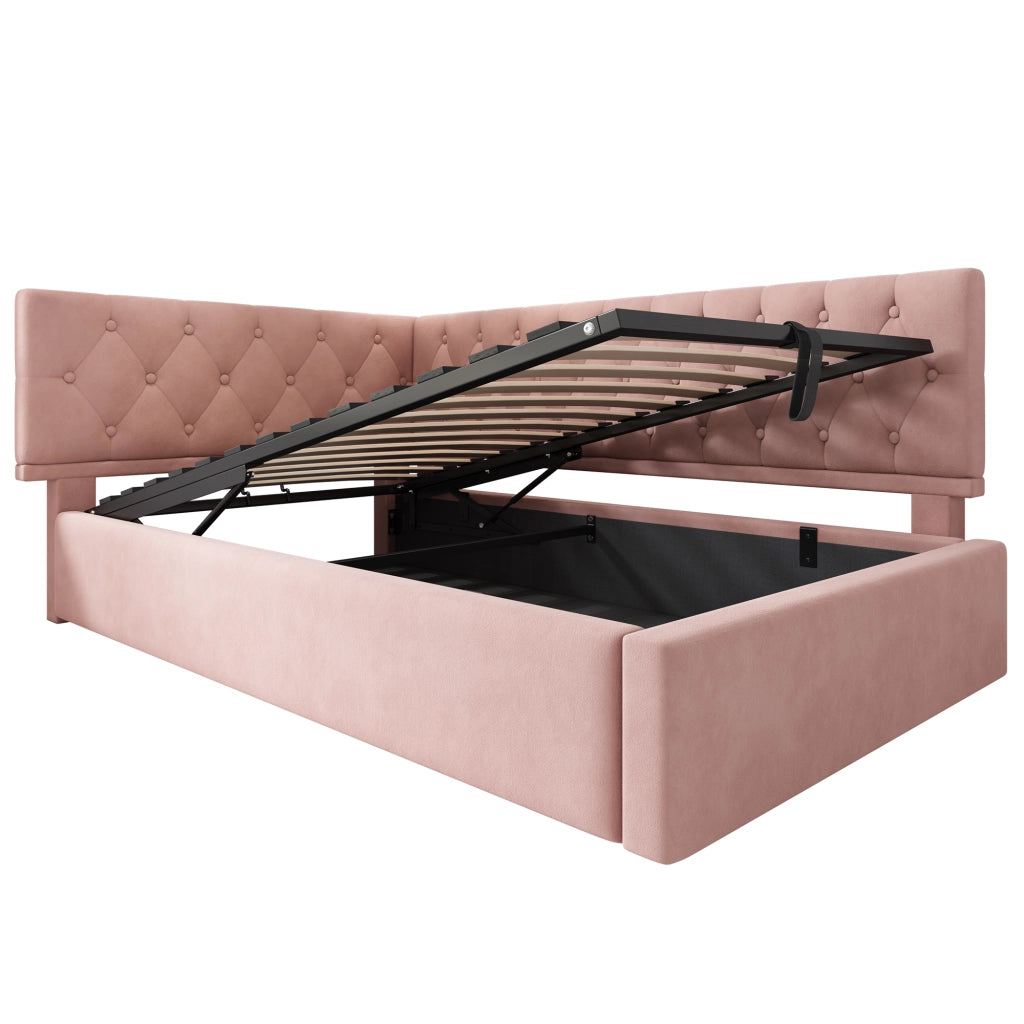 LETTO Giorno a L con contenitore 90x190 cm in velluto rosa