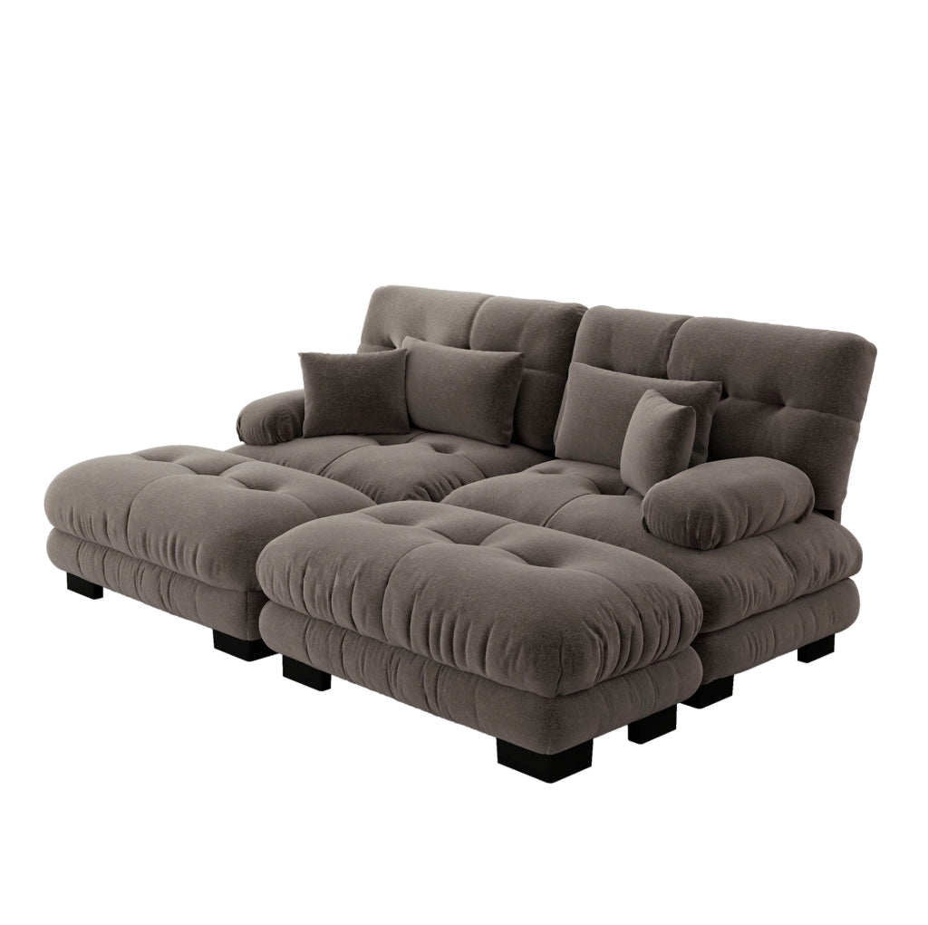 Divano modulare in ciniglia marrone con 2 pouf e cuscini HOMVRA