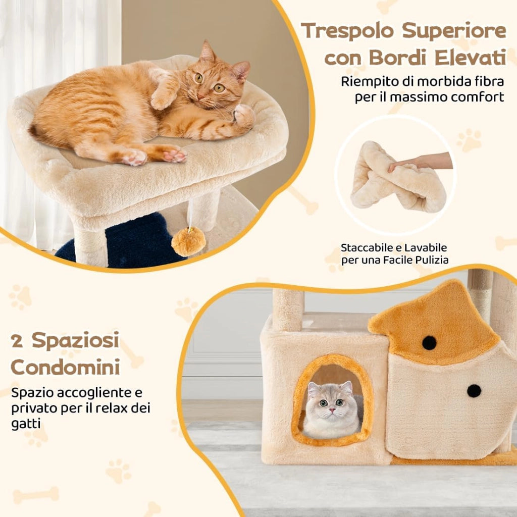 Albero per Gatti da Interno Alto 159 cm, Tiragraffi per Gatti con 2 Condo, Posatoio Morbido Rimovibile e Palo Scratcher in Sisal, Centro Attività Versatile per Animali Domestici