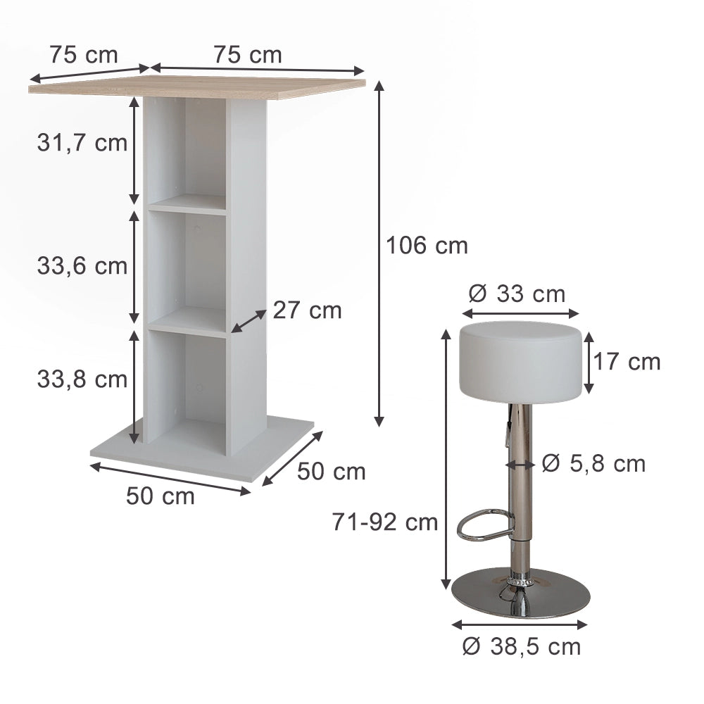 Vicco tavolo bar con sgabelli Bianco/Sonoma 75 x 75 cm con 2 sgabelli da bar