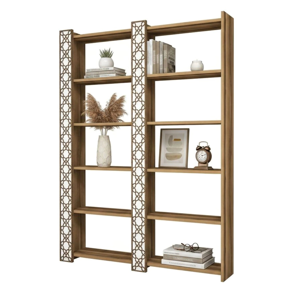 Libreria Vele, Scaffale da ufficio, Mobile portalibri, Biblioteca, 125x24h170 cm, Noce e Bianco