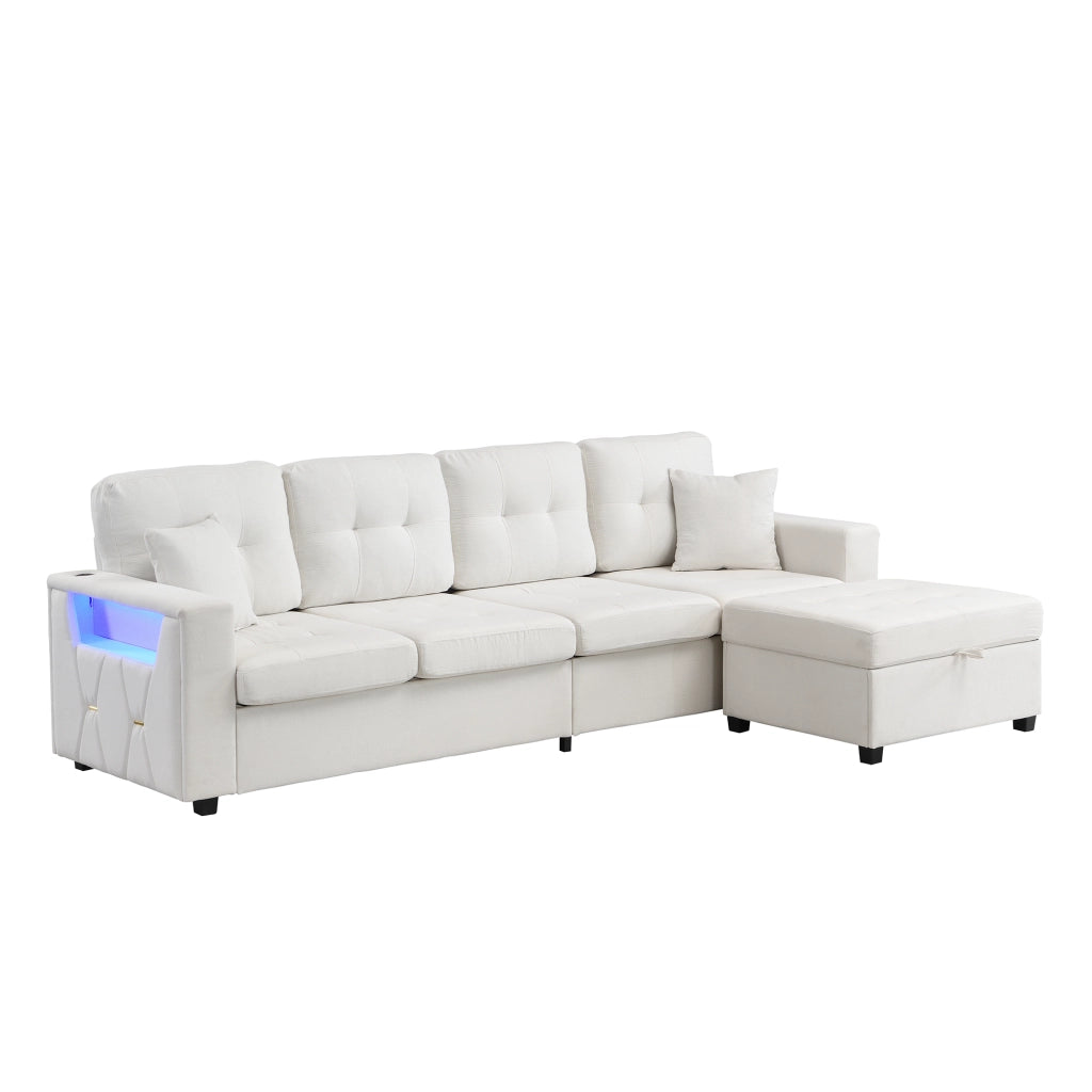 Divano angolare 4 posti con contenitore; USB e LED; pouf modulare in tessuto beige