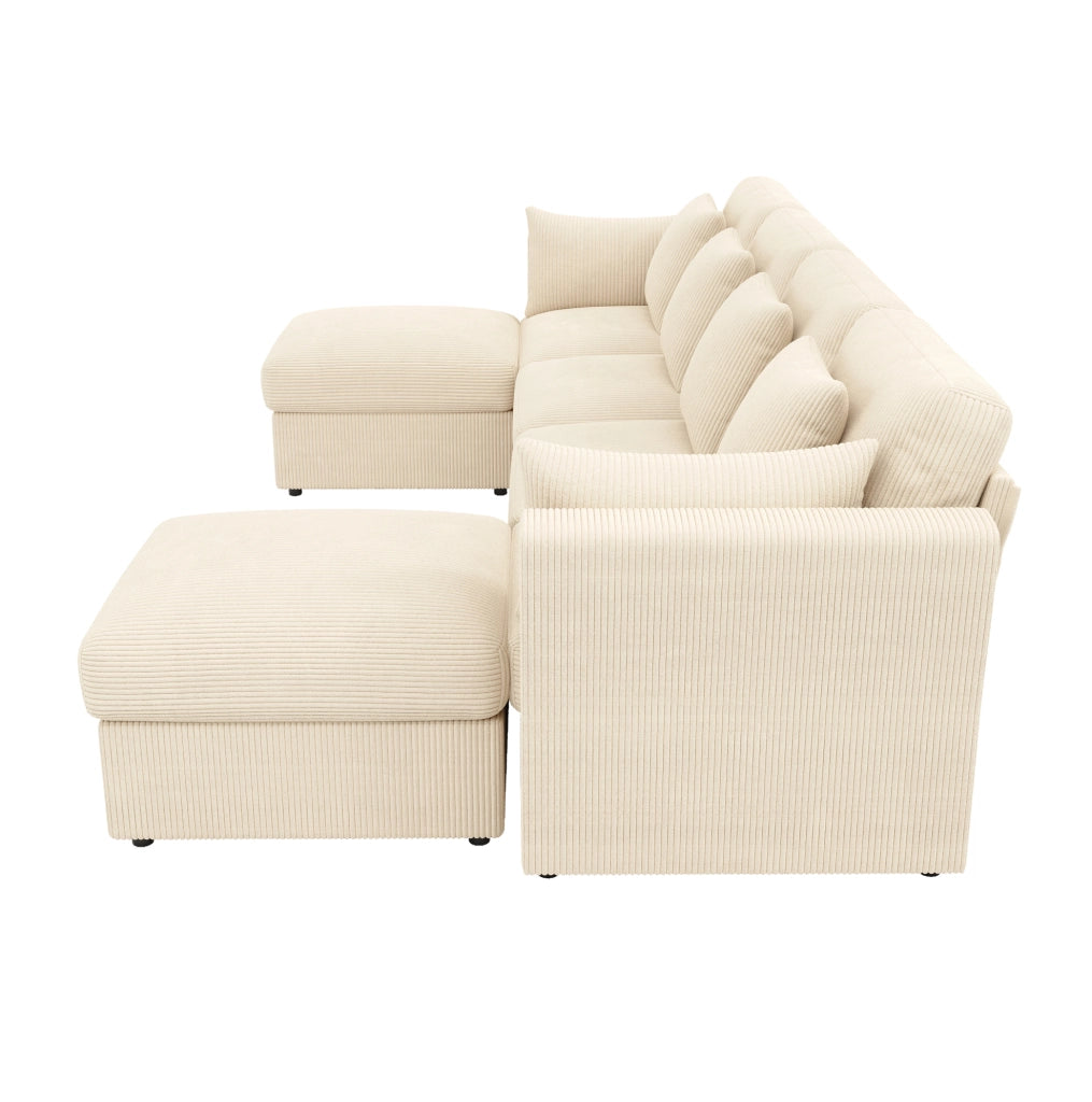 Divano modulare 4-6 posti in velluto a coste beige con pouf