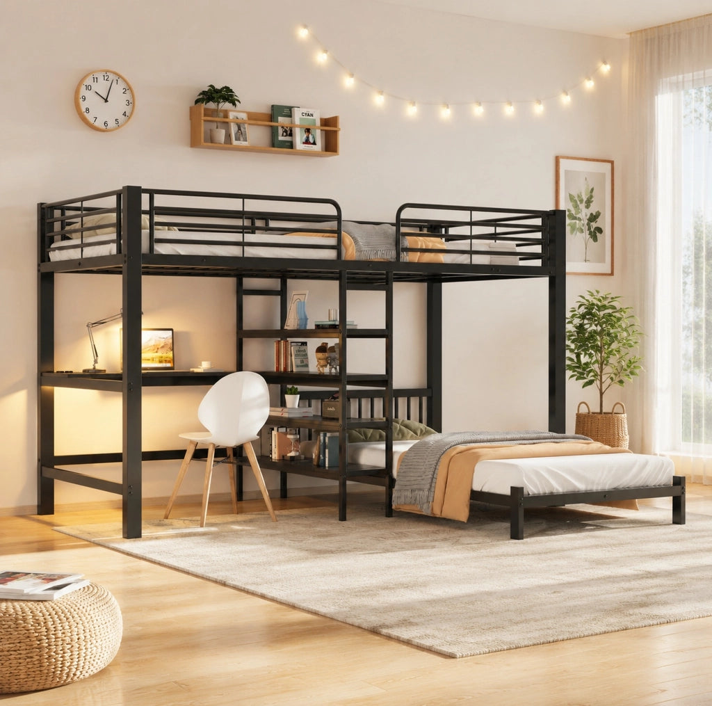 Letto a soppalco 90x200 cm con scrivania e prese USB Type-C