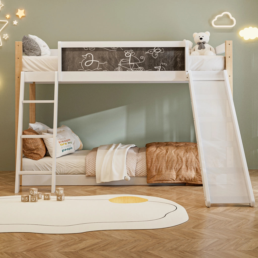 Letto a castello per bambini con scivolo e scala - Zephmum- Struttura stabile in legno, 4 lati protetti, certificato eco 747
