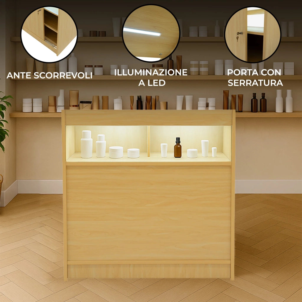 Bancone LED Acero B900 con Vetrina, Ante Scorrevoli e Ripiani – Bloccabile