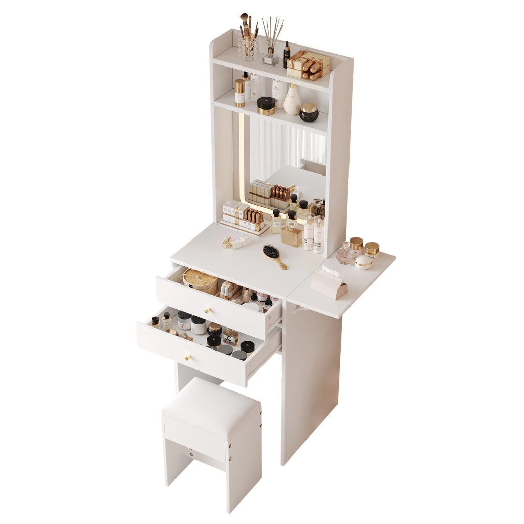 Tavolo da trucco pieghevole con illuminazione LED a 3 tonalit¨¤, 2 cassetti, 2 vani aperti, specchio e sgabello, bianco