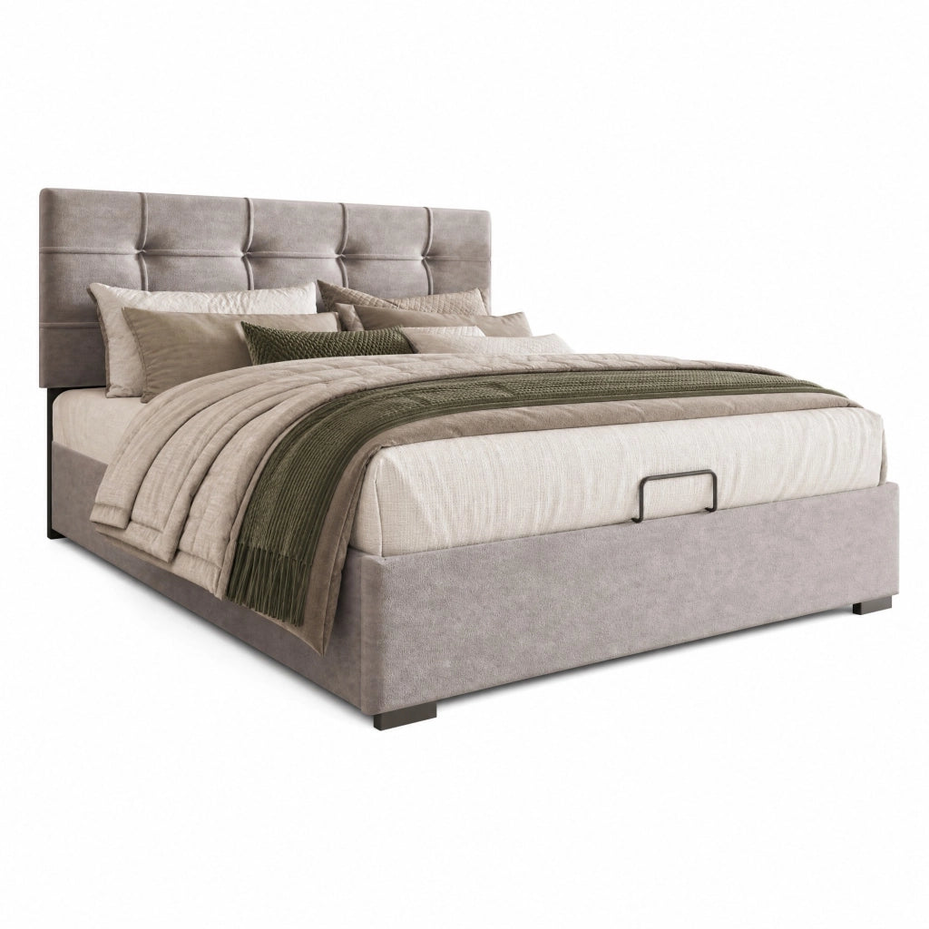 Letto imbottito singolo 90x200 cm con testiera regolabile; contenitore; velluto grigio chiaro