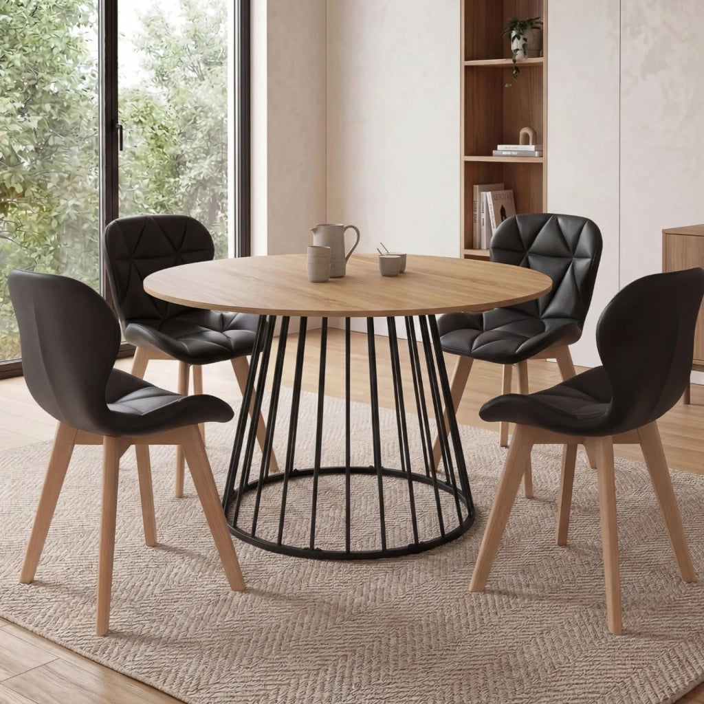 IDMarket - Set tavolo da pranzo rotondo allungabile YUNA con piano in legno e gamba in filo metallico 110-150 cm e 4 sedie ROBINE PU nere