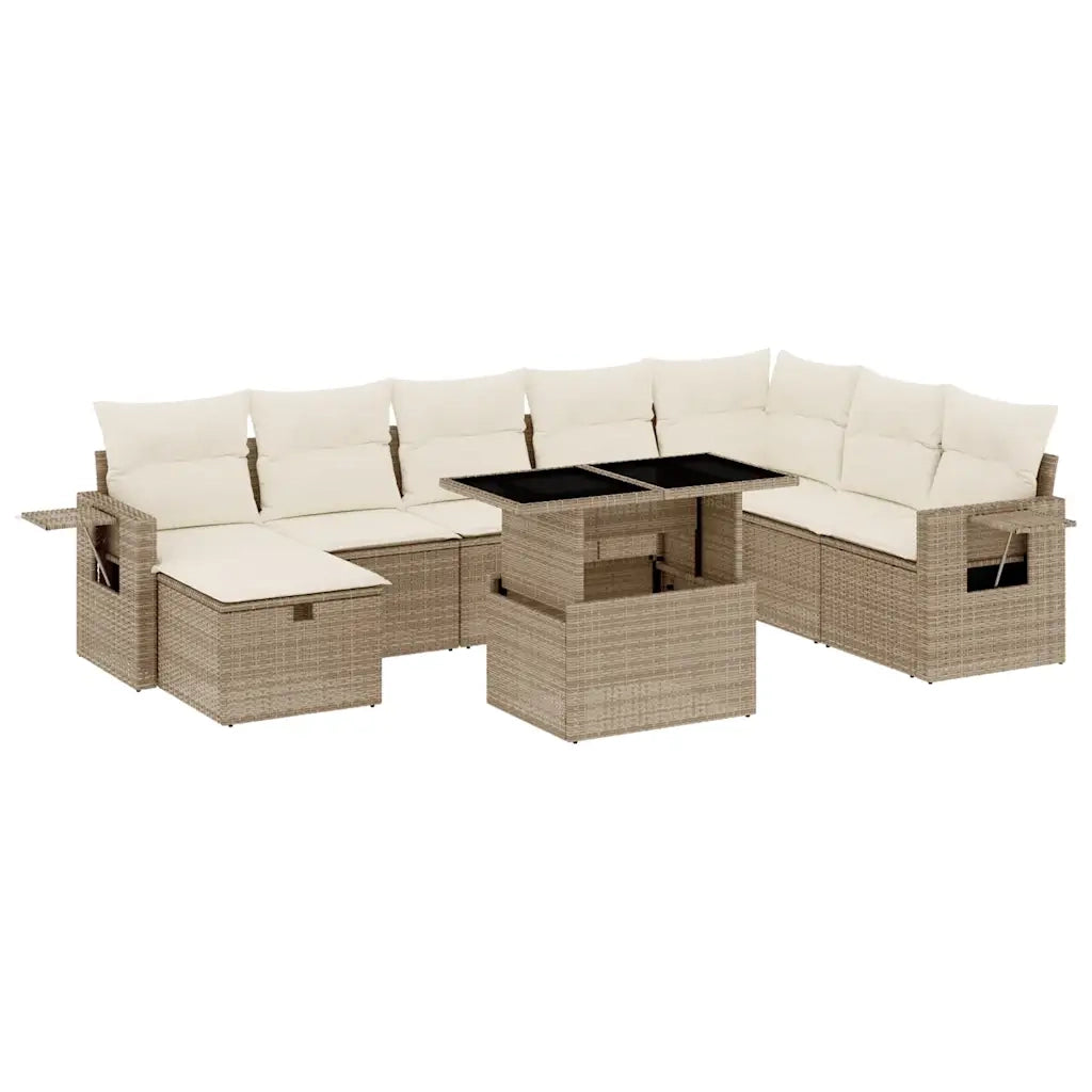 Set Divano da Giardino 9 pz con Cuscini Beige in Polyrattan