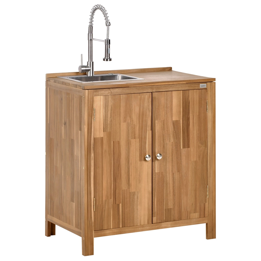 Set di armadietti da cucina per esterni con lavello e rubinetto Marrone e argento in legno di acacia Unità di scaffali in acciaio inox