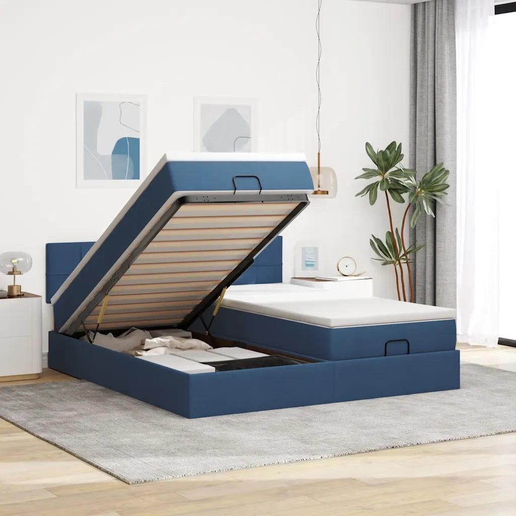 Struttura Letto Pouf con Materassi Blu 160x200 cm in Tessuto 3311993