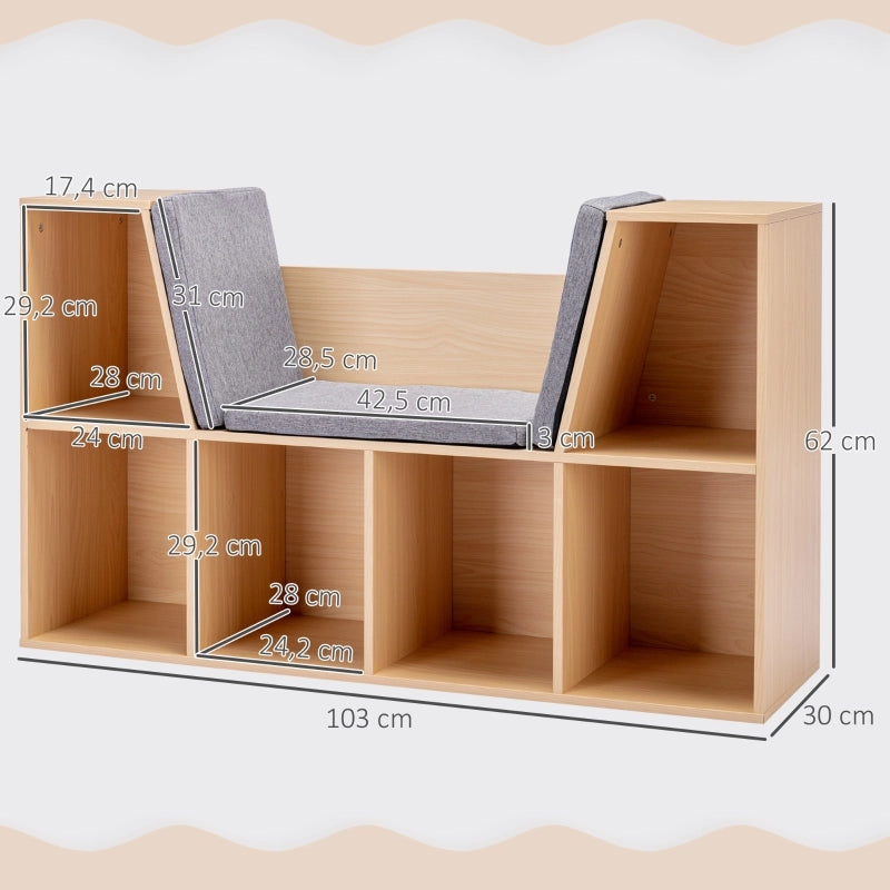 Scaffale per bambini con panca e 6 scomparti, include 3 cuscini, grigio/naturale, 103x30x62 cm, da 3 anni