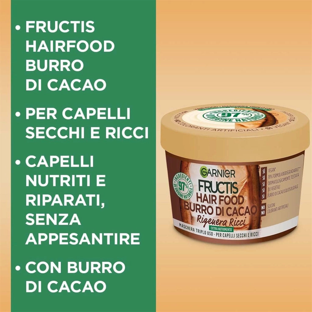 GARNIER FRUCTIS HAIR FOOD BURRO DI CACAO RIGENERANTE MASCHERA PER CAPELLI SECCHI E RICCI SENZA SILICONI 390 ML