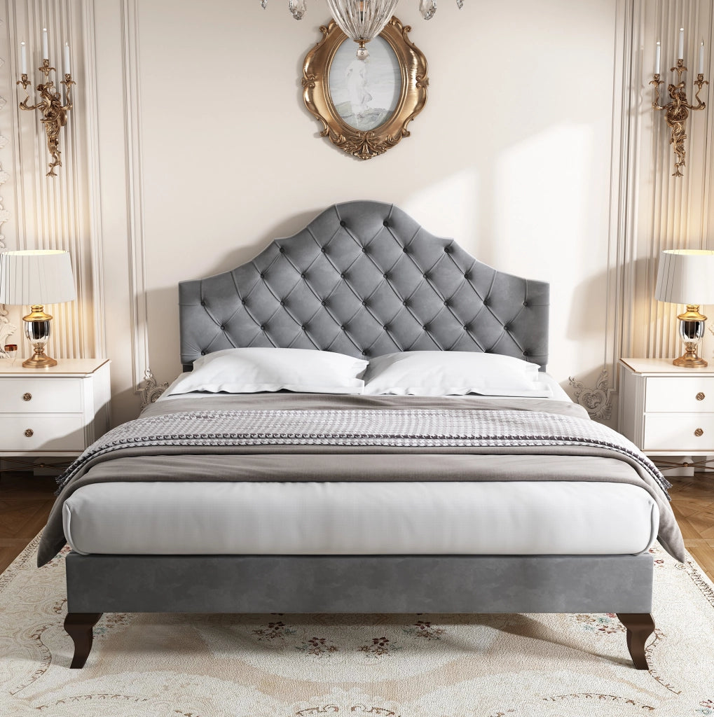 Letto imbottito 140x200 cm; testiera imbottita e rete a doghe; velluto grigio