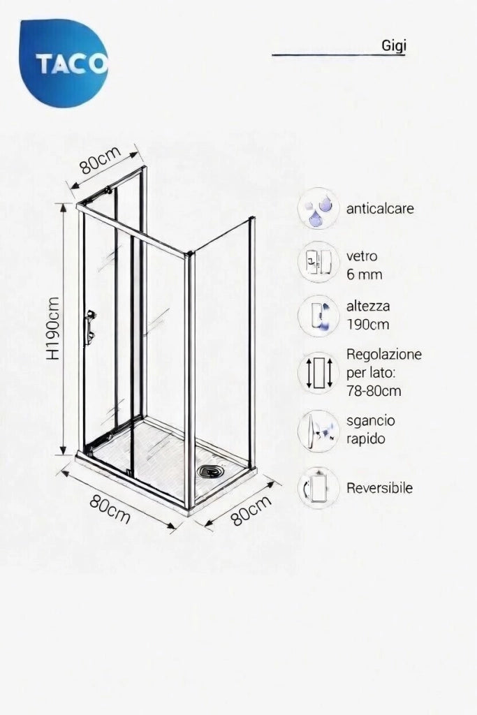 Box Doccia 3 lati 80x80x80 cm: fisso + angolare scorrevole GIGI - Cromato Lucido