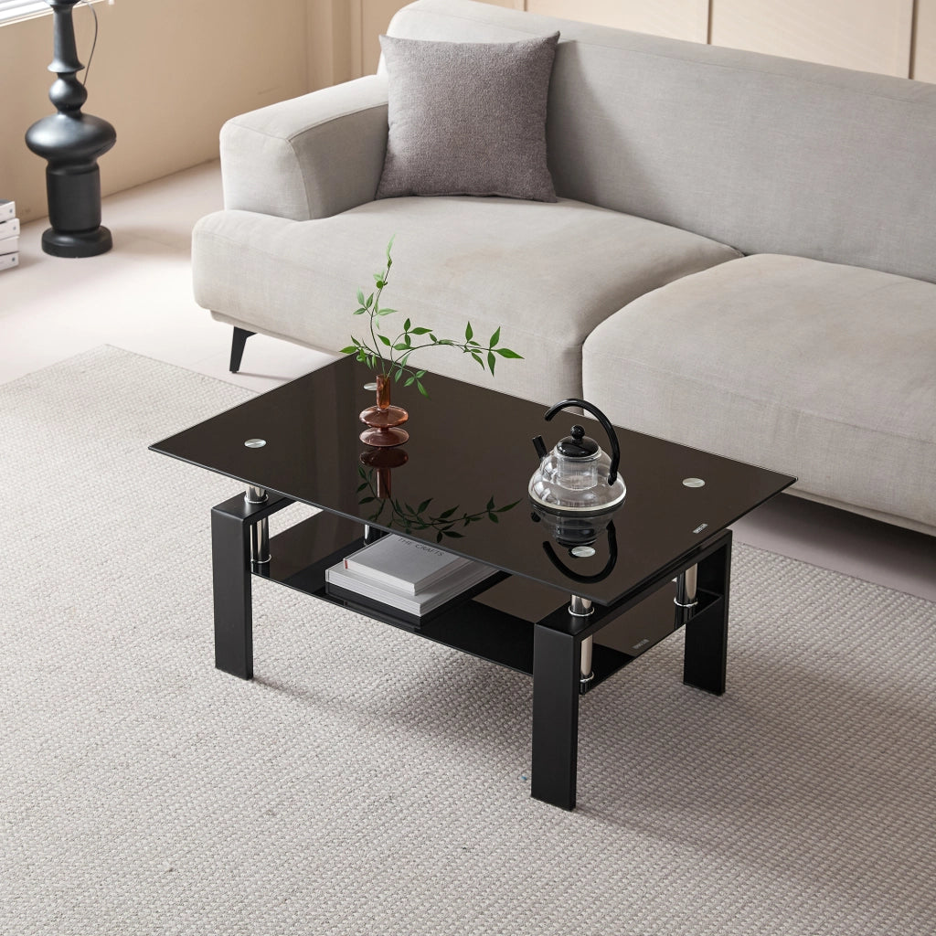 Tavolino da caffè con 2 ripiani - per soggiorno - in vetro e metallo - 100x60x44 cm - nero