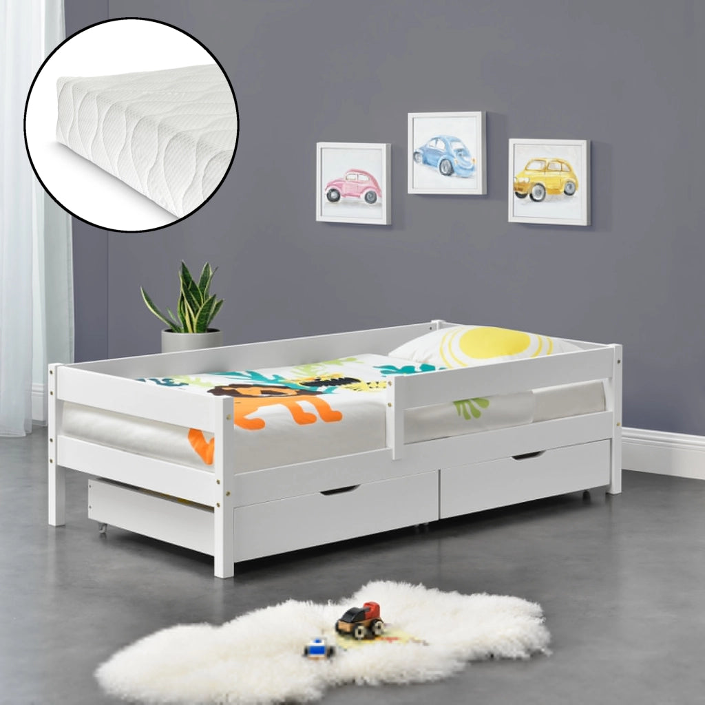 Letto per Bambino/Gioventú con 2 Cassetti Portabiancherie e Materasso Ipoallergenico a Schiuma Fredda 90x200 cm Lettino in Legno di Pino con Corrimano Laterale - Bianco