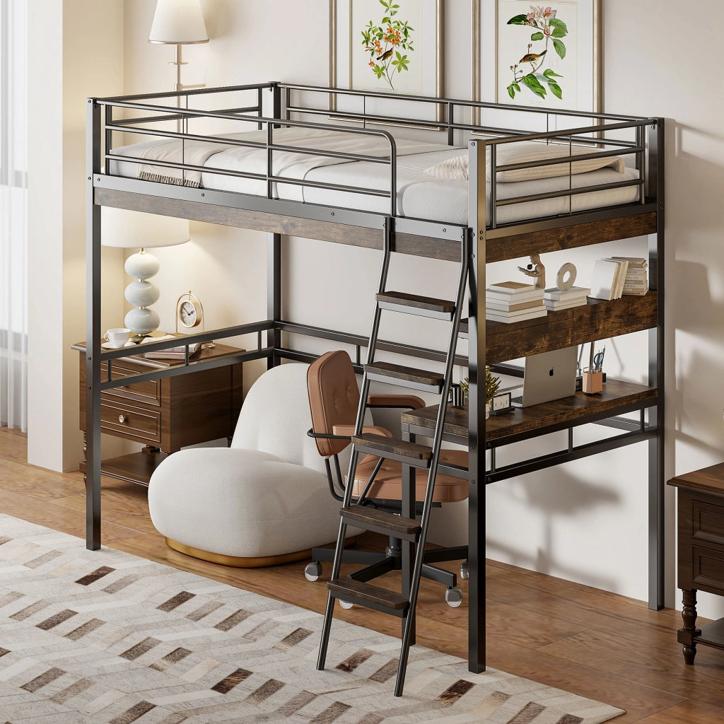 Letto a castello nero con scrivania e scaffali in metallo e mdf 90x200 cm