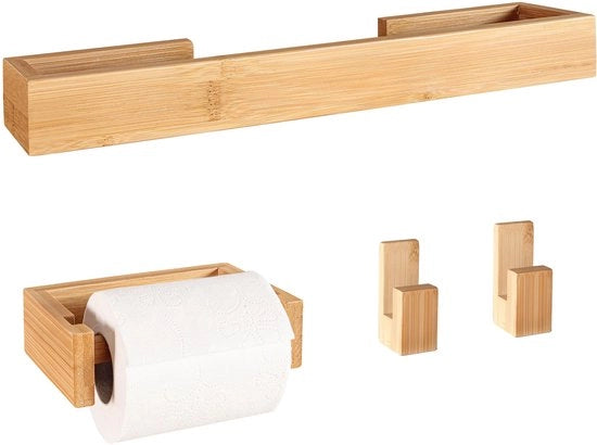 Accessori bagno in bambù senza perforazione - Asciugamani e carta igienica holder in bambù - Sostegno carta igienica autoadesivo, Asciugamani holder autoadesivo bagno