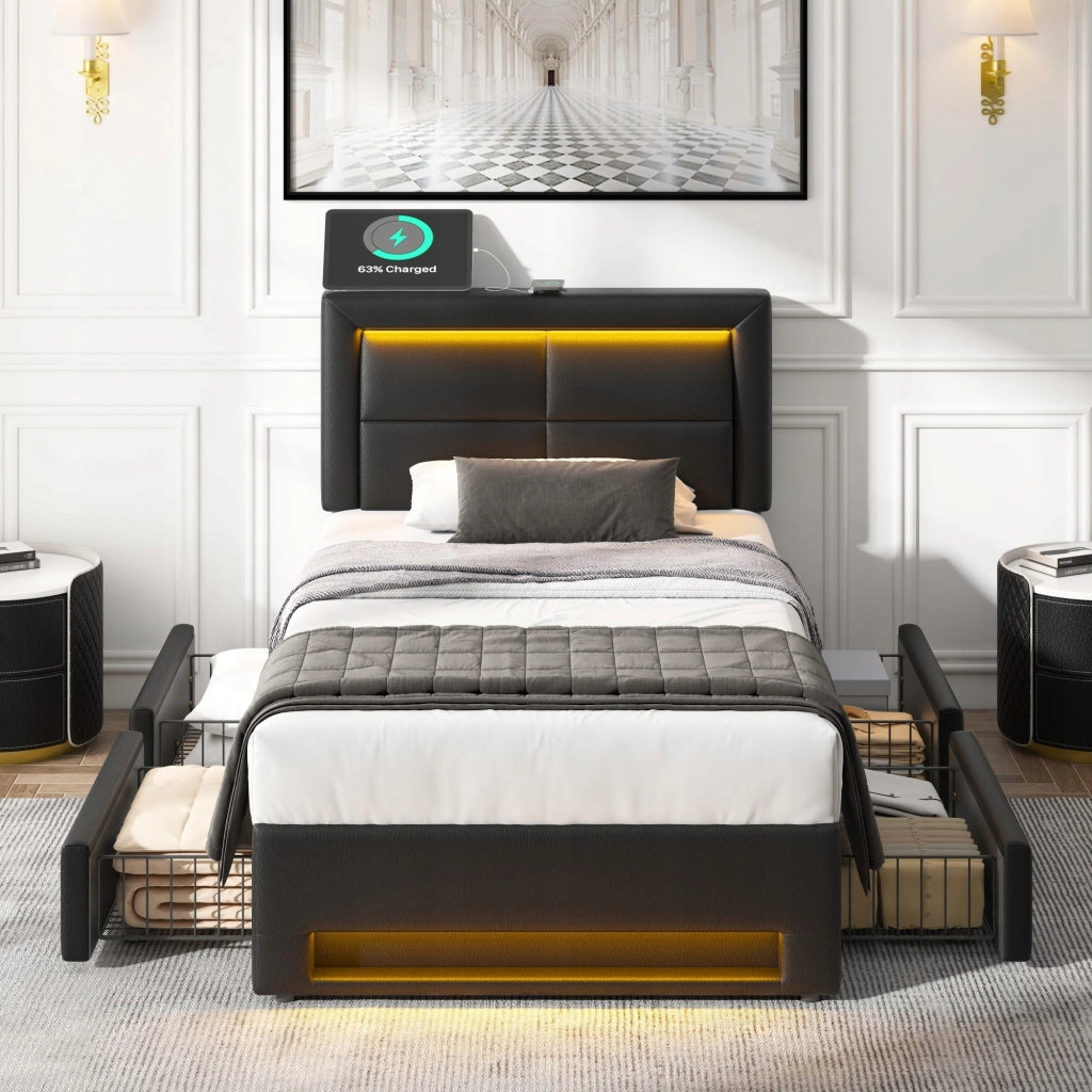 Letto singolo 90x190cm - Xylo - USB LED 4 cassetti nero PU