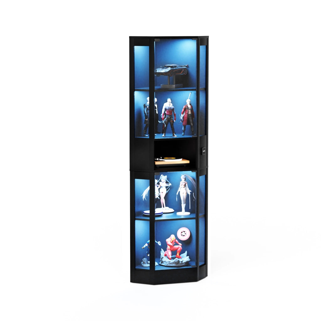 Vetrina in vetro a 5 ripiani con illuminazione LED e sensore di movimento, struttura nera in MDF e vetro