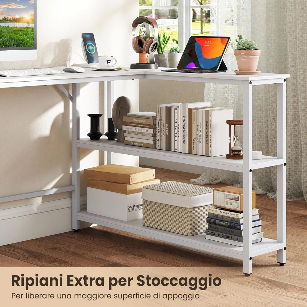 Scrivania Angolare Salvaspazio con Stazione di Ricarica e Ripiani Aperti, Scrivania ad Angolo in Legno con Struttura Metallica, Scrittoio per Computer per Soggiorno, Studio e Ufficio