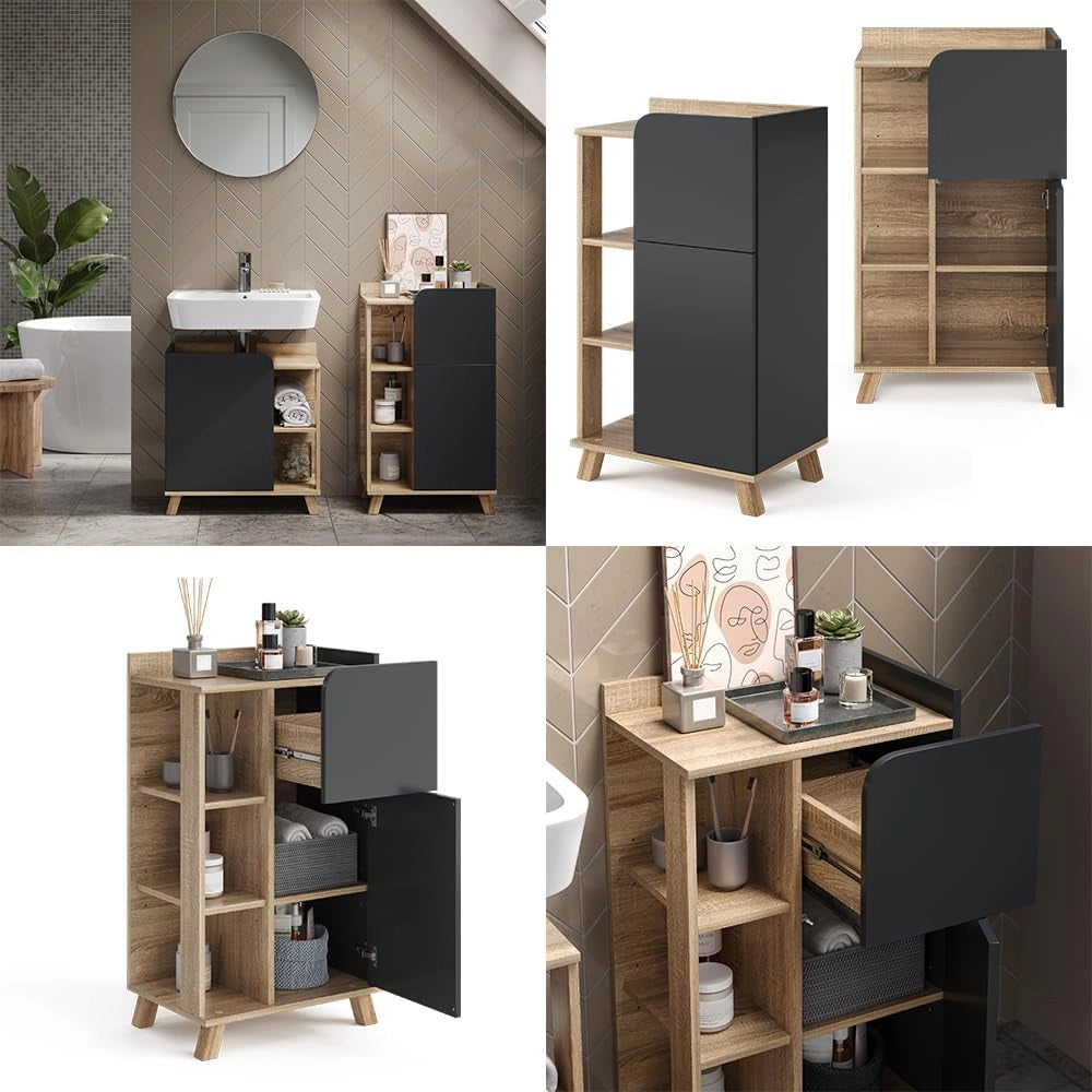 Armadietto di base Karen, Sonoma/antracite, 50 x 90 cm con anta e cassetto, adatto per la conservazione di articoli da bagno e asciugamani