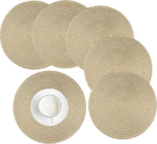 Set di 6 tavoli, rotondi, lavabili, di cotone intrecciato, piatti per tavola, 38 cm, resistente al calore, piatti per tavola da cucina, tavolo da pranzo, matrimonio, festa (oro)