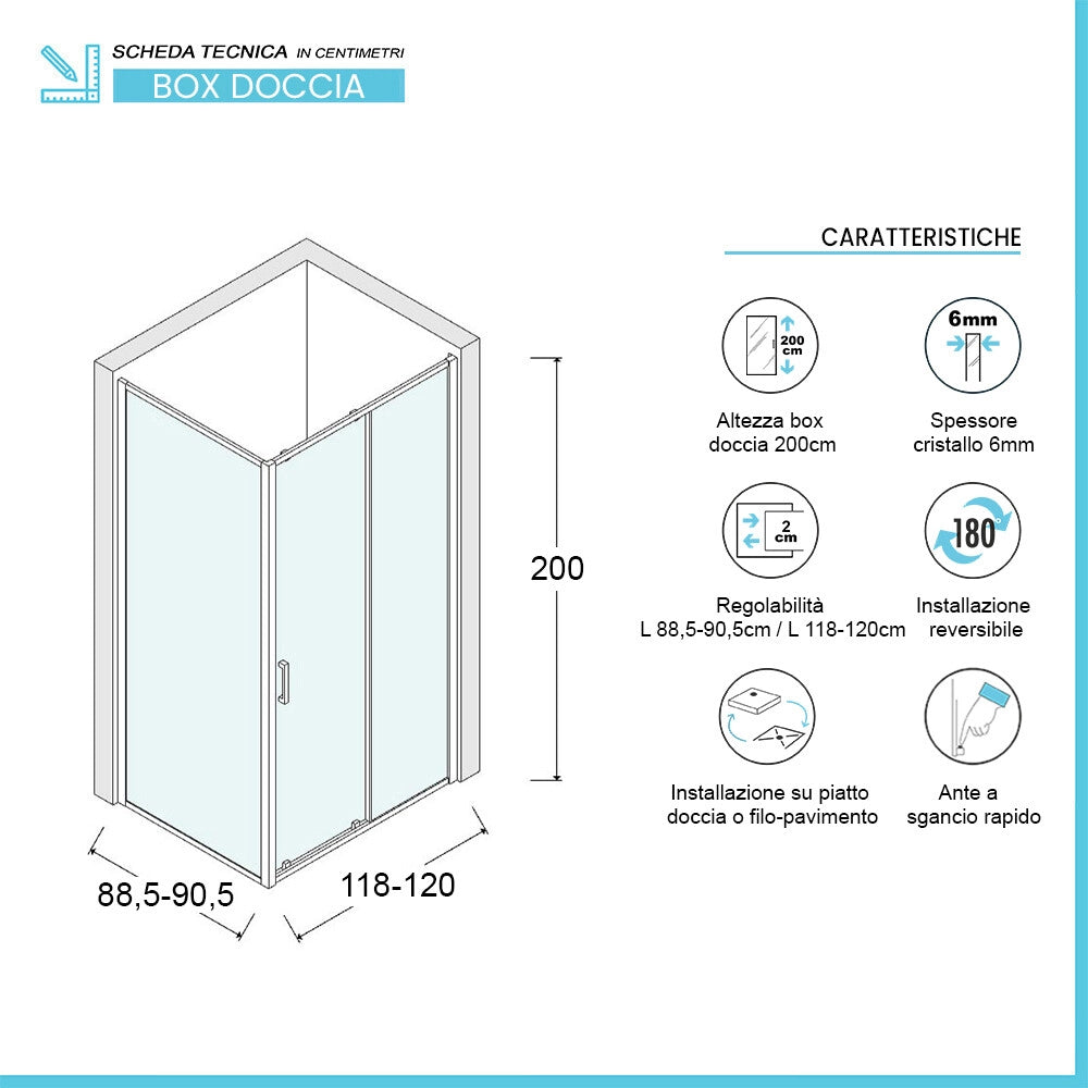 Box doccia angolare 90x120 con porta scorrevole in vetro temperato trasparente e profili cromo Ted