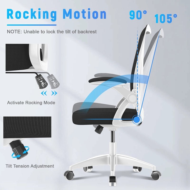 Sedia da ufficio ergonomica HAMLODY - con rotelle - Schienale regolabile con supporto lombare - Altezza regolabile - Bianco e nero