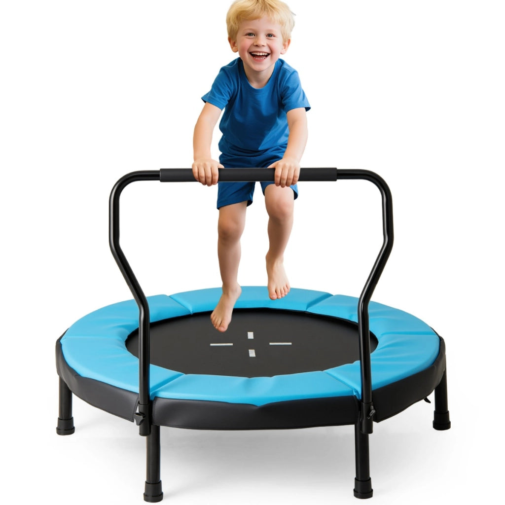 Trampolino per bambini con cuscino di sicurezza per bambini 3-6 anni, Trampolino da fitness per interno/esterno Blu-Trampolini