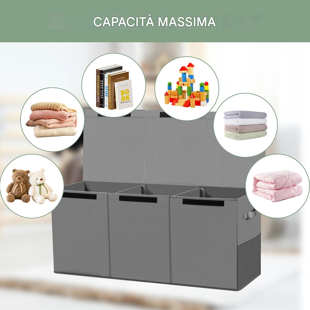 Contenitore Box 3 Scomparti Grigio Scatola Cesta Giocattoli Organizer Multiuso