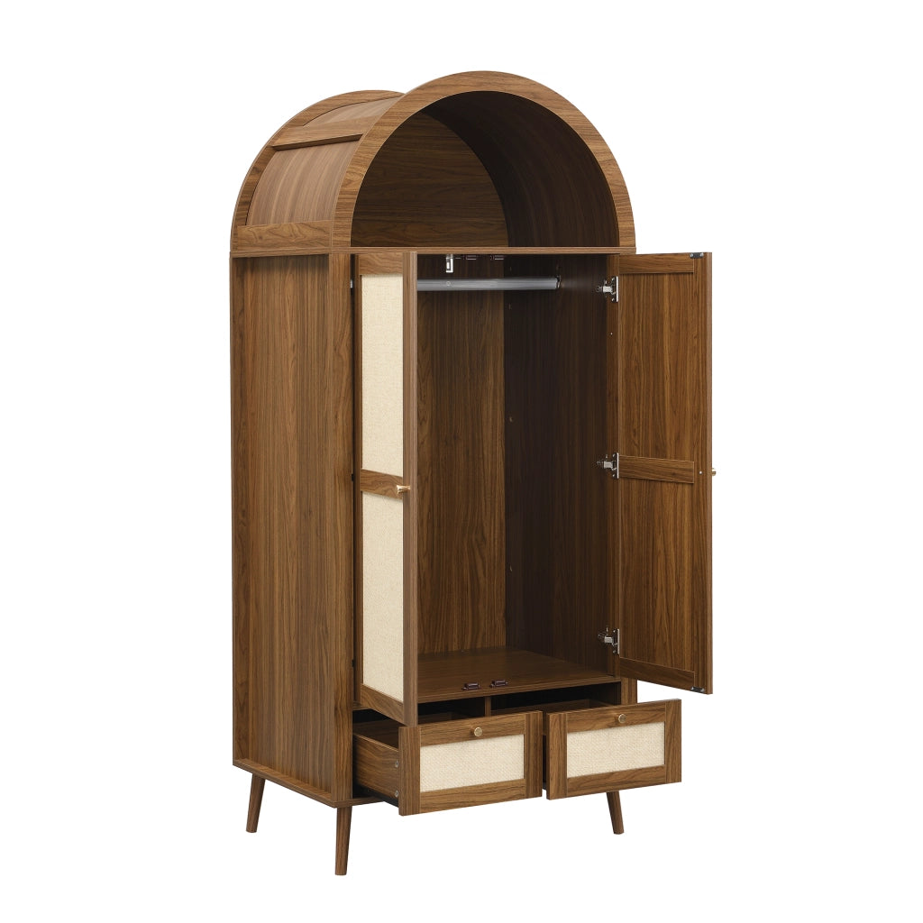 Armadio 2 ante e 2 cassetti con asta appendiabiti e nicchia aperta; design ad arco; MDF; noce e beige; 80 × 55 × 180 cm