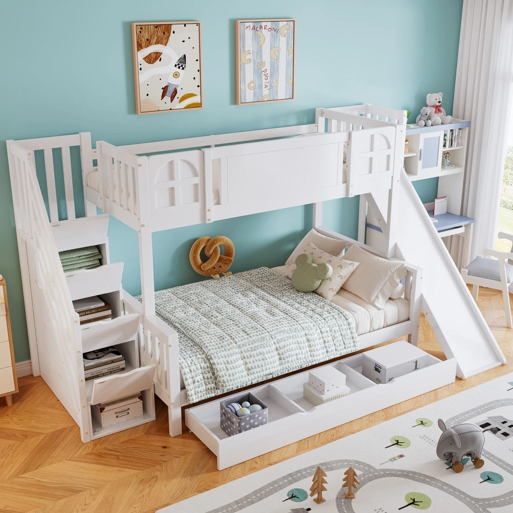 Letto a Castello Bambini con Scivolo, Cassetti e Scaletta ¨C MINIMAL ¨C Pino/MDF Bianco 90x200
