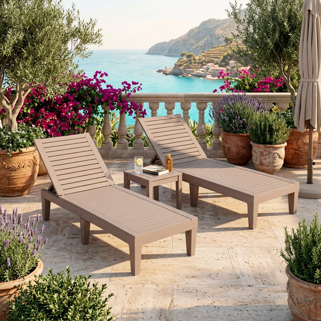 Set Due Lettini Relax Da Esterno Con Schienale Reclinabile In Polipropilene Effetto Legno Per Piscina Giardino Patio E Spa 190 x 57.5 x 29 Cm Marrone