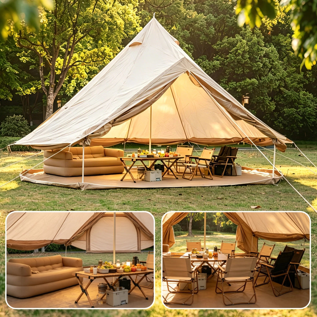 Tenda da campeggio a campana per 4-8 persone in poliestere beige con apertura per stufa per glamping