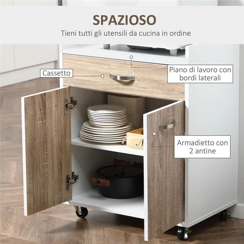 CARRELLO DA CUCINA CON CASSETTO IN LEGNO 60X40X77CM BIANCO E ROVERE