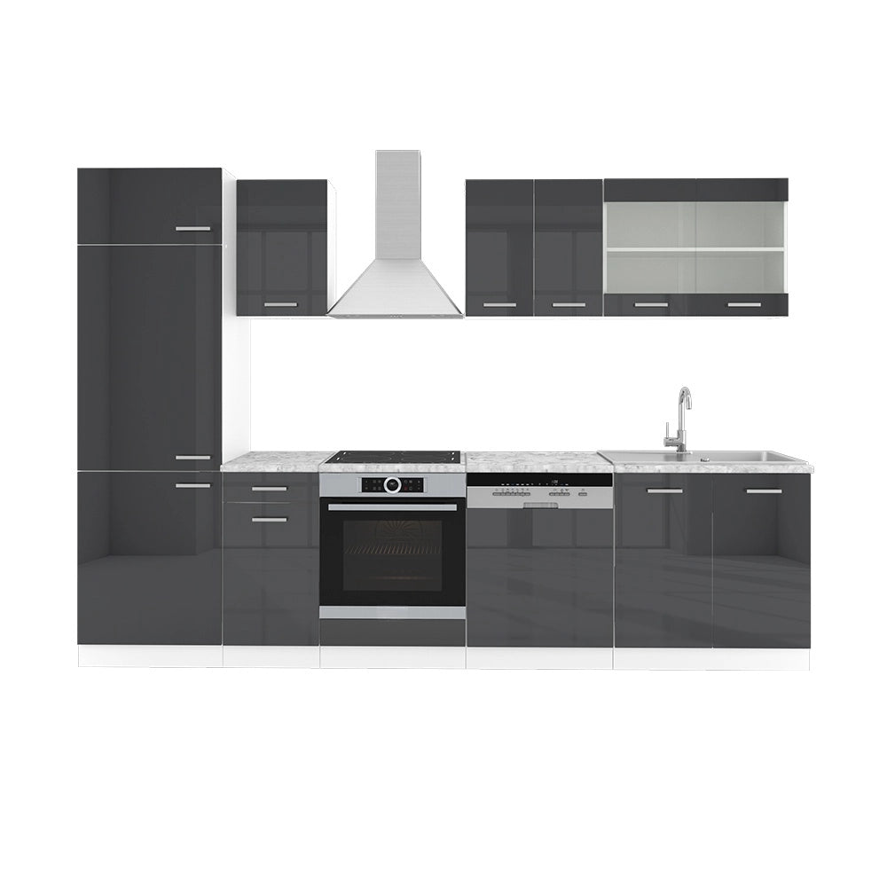 Cucina componibile R-Line Antracite lucido/Bianco 300 cm senza piano di lavoro Vicco