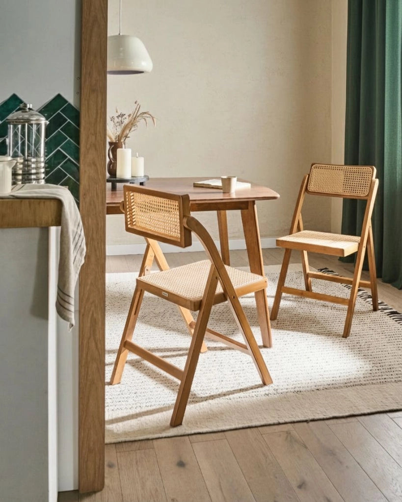 Set di 2 sedie da pranzo in legno di bambù marrone e rattan PE pieghevoli in stile boho per cucina e sala da pranzo