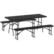Set da Pic Nic Pieghevole a 3 Pezzi con Tavolo e 2 Panche in HDPE e Metallo Nero