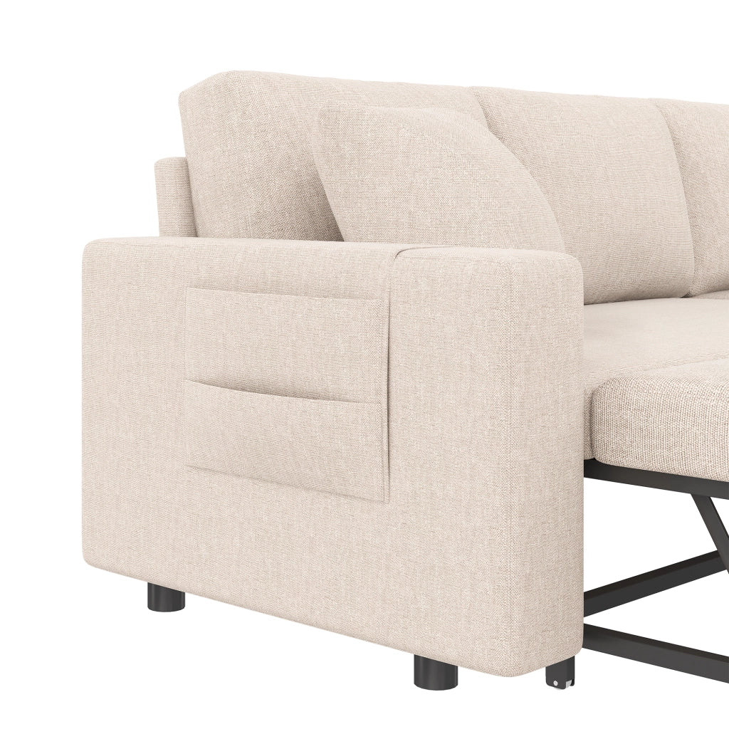 Divano letto multifunzione a L con contenitore e tasche laterali con cuscini in tessuto effetto lino beige