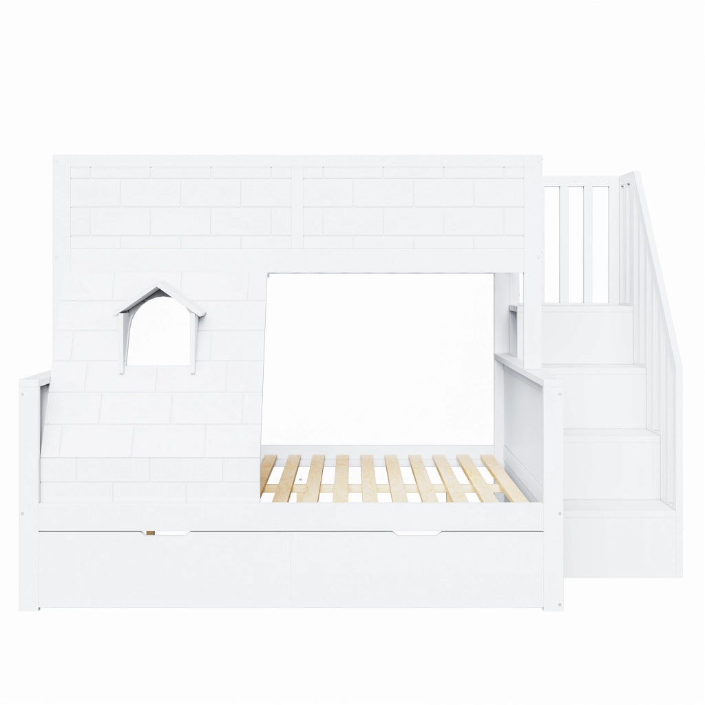 LETTO a castello con scala, cassetti e finestra 90x200/140x200 cm Bianco