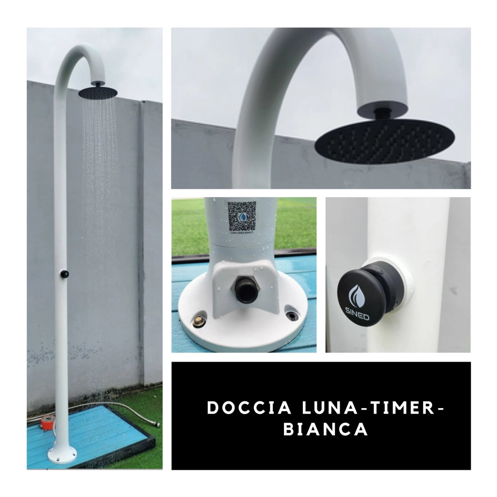 Sined Luna Timer Bianca Doccia In Alluminio Doppio Attacco Acqua Fredda Laterale o Inferiore Doccia Acqua Fredda Temporizzata Con Soffione e Miscelatore Tondo Bianca