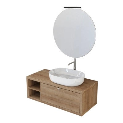Mobile bagno sospeso 110 cm rovere miele con cassetto e vano a giorno completo di lavabo e specchio Master