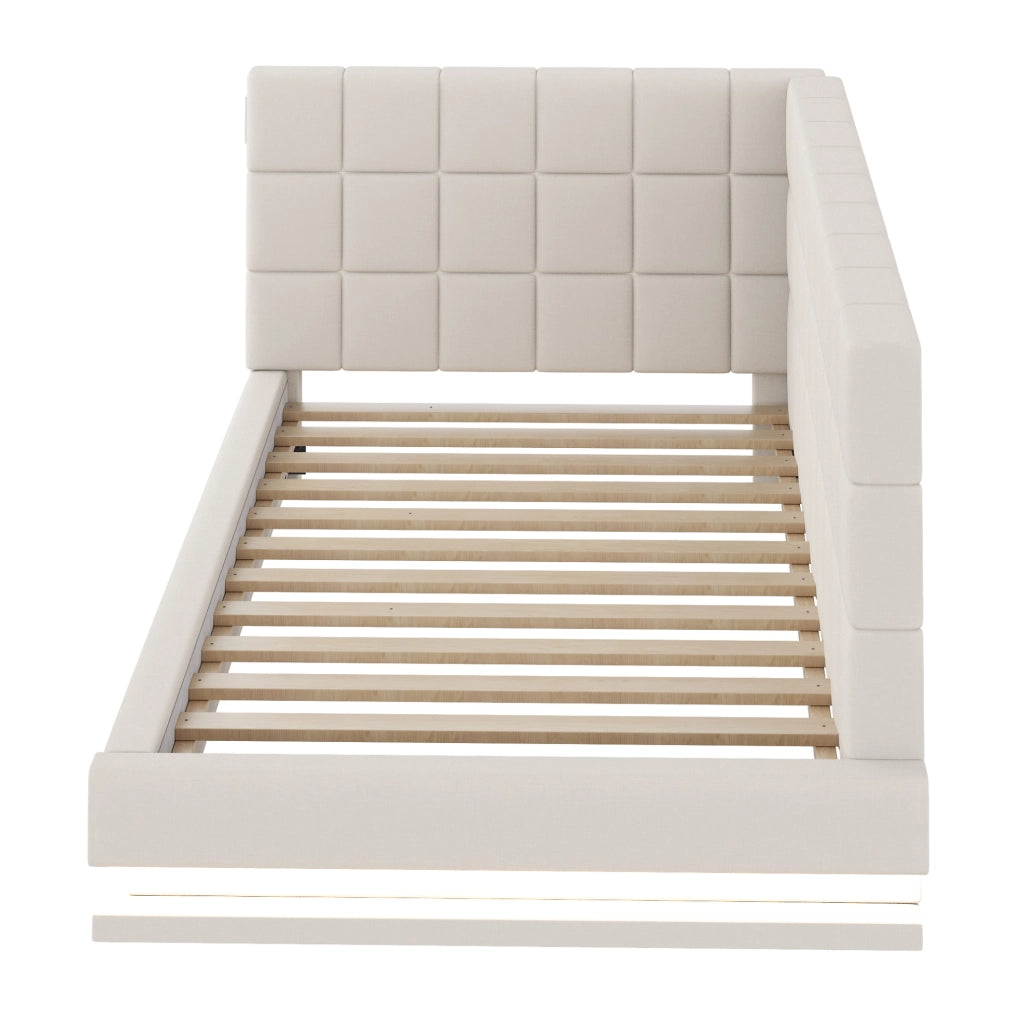 Divano letto 90x200 cm con LED; presa USB e rete a doghe in lino beige