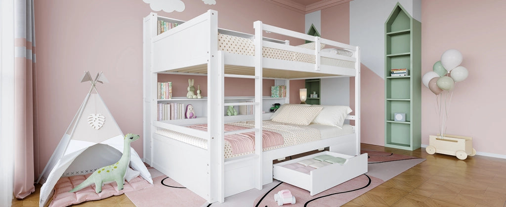 DESMIU Letto a castello 90 × 200 cm 2 posti con vani laterali e cassetto, senza materasso, bianco