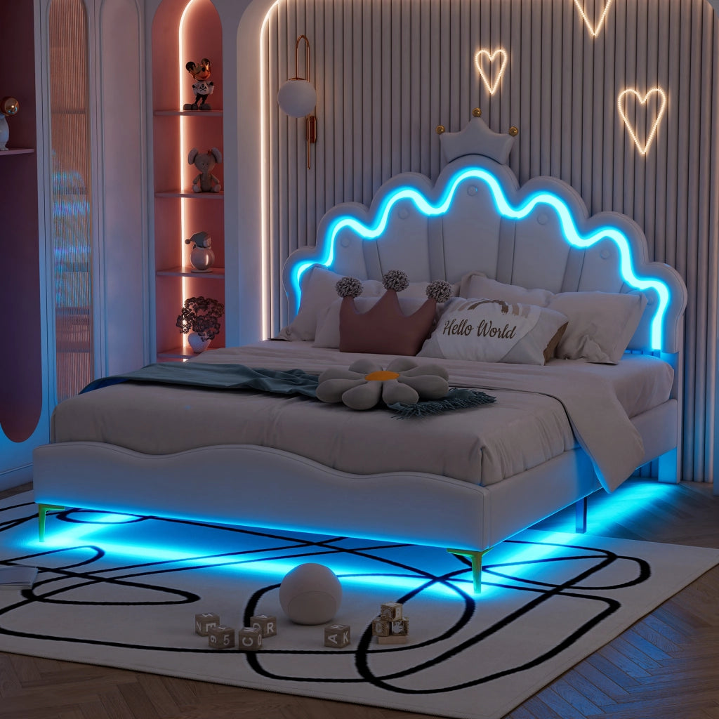 OKWISH Letto Matrimoniale 140×200 cm con LED Regolabile e Testiera Corona, Altezza Regolabile, senza Materasso, in PU, Bianco