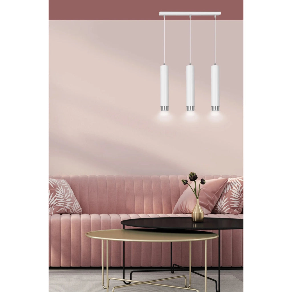 Lampadario 3 Luci Brunilde In Acciaio Bianco E Tubolari In Bianco E Cromo